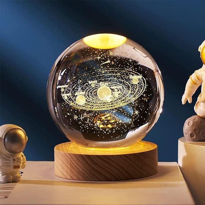 3D CRYSTAL BALL Night Lamp in Moon Design with Wooden Base Night Lamp for Room, Table Light for Bedroom Christmas & New Year Gift for Friends Relative All, Led Ball Lamp for Home Decoration