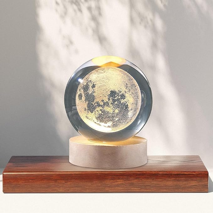 3D CRYSTAL BALL Night Lamp in Moon Design with Wooden Base Night Lamp for Room, Table Light for Bedroom Christmas & New Year Gift for Friends Relative All, Led Ball Lamp for Home Decoration