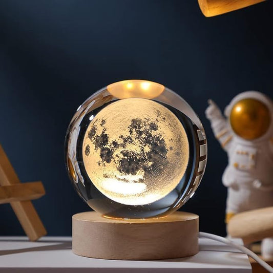 3D CRYSTAL BALL Night Lamp in Moon Design with Wooden Base Night Lamp for Room, Table Light for Bedroom Christmas & New Year Gift for Friends Relative All, Led Ball Lamp for Home Decoration