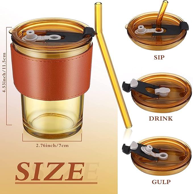 SLUB GLASS Travel Glass Coffee Mug With Lids And Straws,Reusable Glass Iced Tea Sipper Cup With Leather Sleeve Grip, Cute Glass Tumbler For Water Juice Milk Smoothie Pack Of 1 (Amber), 400 Ml