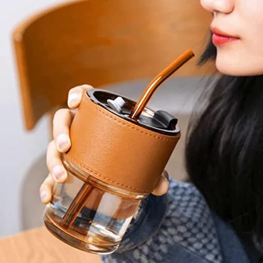 SLUB GLASS Travel Glass Coffee Mug With Lids And Straws,Reusable Glass Iced Tea Sipper Cup With Leather Sleeve Grip, Cute Glass Tumbler For Water Juice Milk Smoothie Pack Of 1 (Amber), 400 Ml