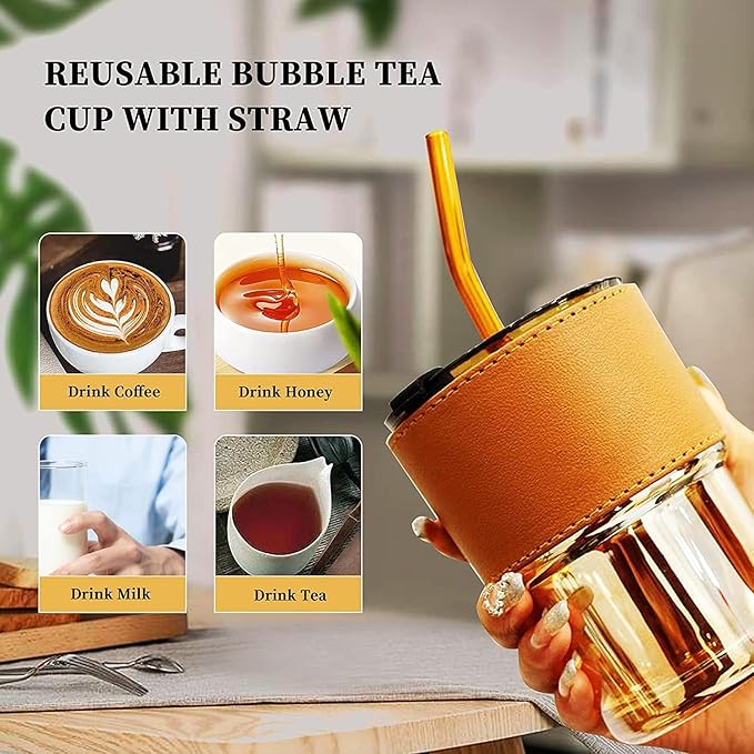 SLUB GLASS Travel Glass Coffee Mug With Lids And Straws,Reusable Glass Iced Tea Sipper Cup With Leather Sleeve Grip, Cute Glass Tumbler For Water Juice Milk Smoothie Pack Of 1 (Amber), 400 Ml