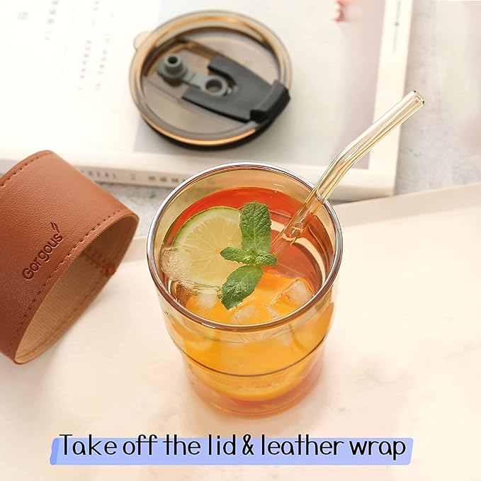 SLUB GLASS Travel Glass Coffee Mug With Lids And Straws,Reusable Glass Iced Tea Sipper Cup With Leather Sleeve Grip, Cute Glass Tumbler For Water Juice Milk Smoothie Pack Of 1 (Amber), 400 Ml