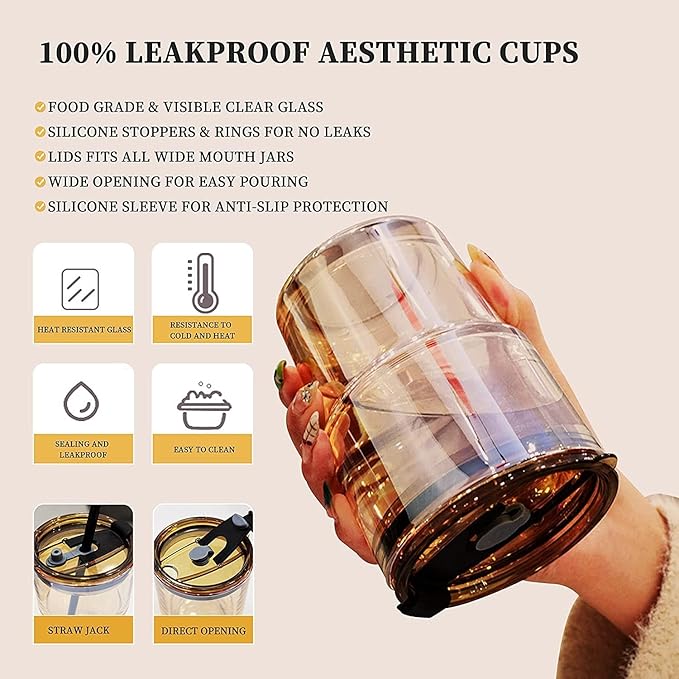 SLUB GLASS Travel Glass Coffee Mug With Lids And Straws,Reusable Glass Iced Tea Sipper Cup With Leather Sleeve Grip, Cute Glass Tumbler For Water Juice Milk Smoothie Pack Of 1 (Amber), 400 Ml