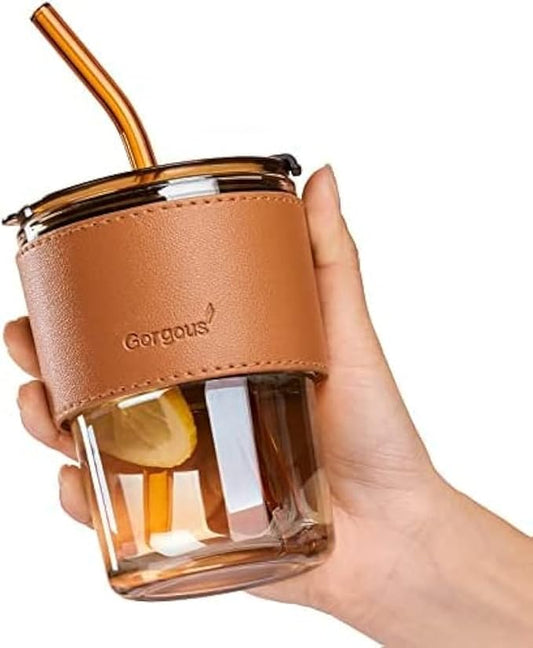 SLUB GLASS Travel Glass Coffee Mug With Lids And Straws,Reusable Glass Iced Tea Sipper Cup With Leather Sleeve Grip, Cute Glass Tumbler For Water Juice Milk Smoothie Pack Of 1 (Amber), 400 Ml