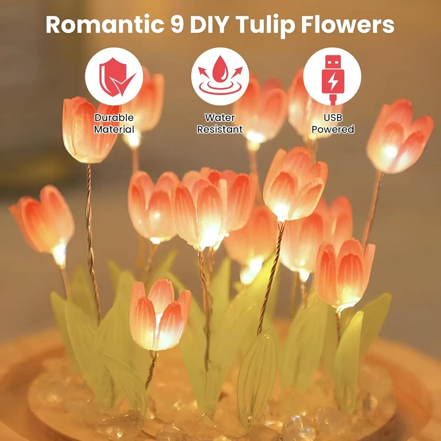 TULIP LIGHT LAMP  Elegant Romantic 9 DIY Tulip Flowers Ball Lamp with Wooden Base Disposable batteries Powered Lights for Home Decor & Loved Ones Gift (Pack of 1, Warm White)