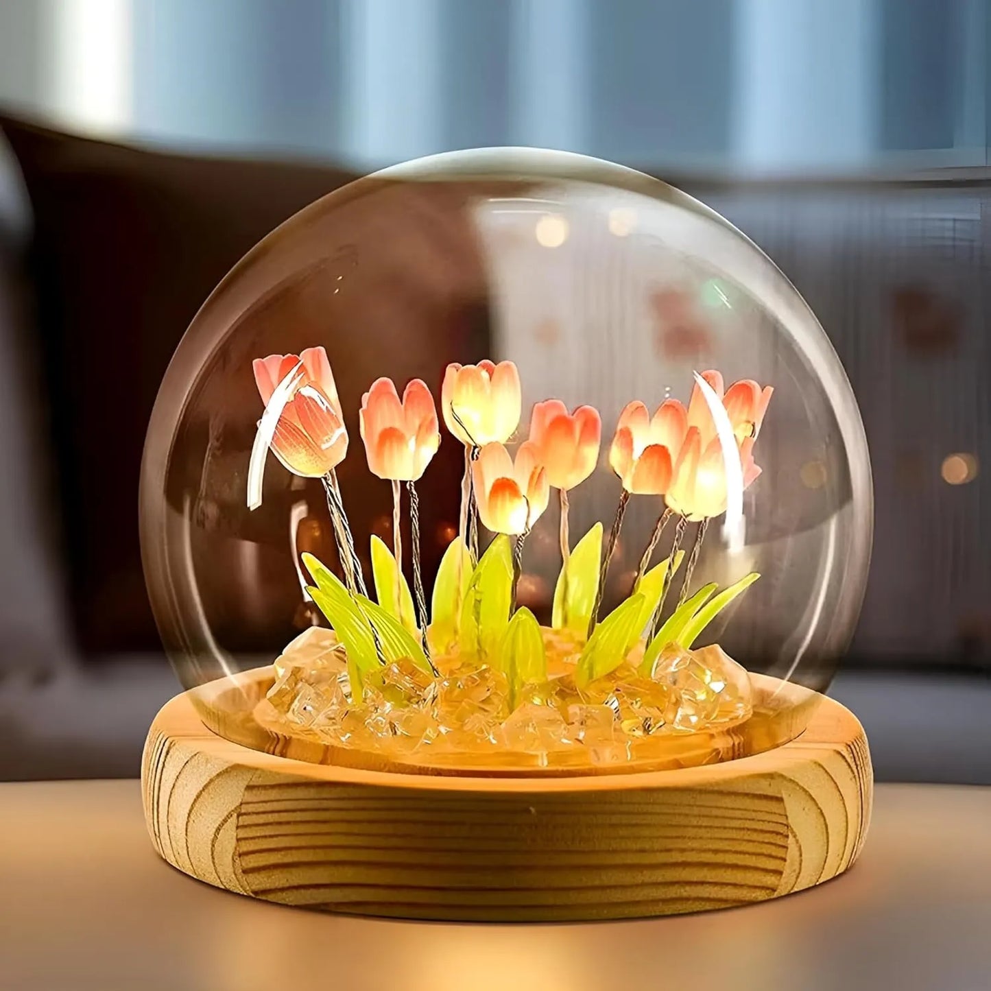 TULIP LIGHT LAMP  Elegant Romantic 9 DIY Tulip Flowers Ball Lamp with Wooden Base Disposable batteries Powered Lights for Home Decor & Loved Ones Gift (Pack of 1, Warm White)