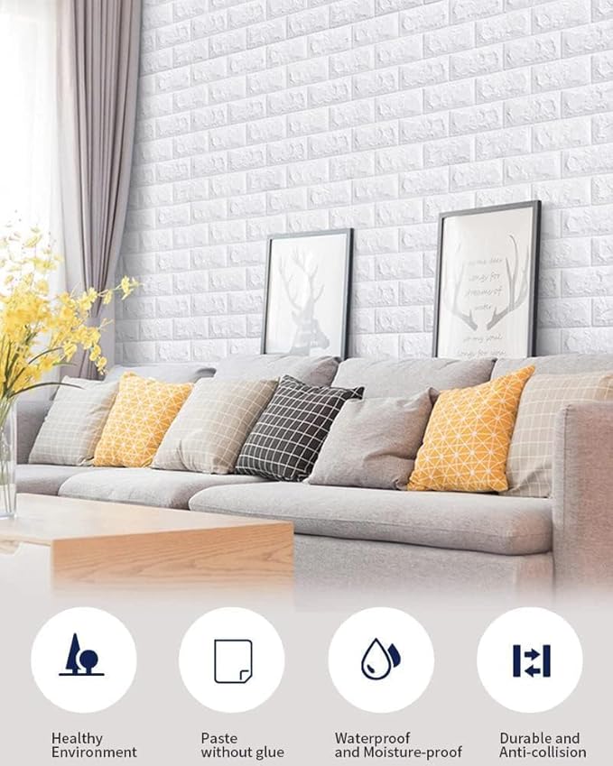 WHITE 3D Wall-BRICK WALLPAPERS for Wall PE Foam Wall Stickers Self Adhesive DIY Wall Decor (70 x 77cm, Appx. 5.8Sq Feet)