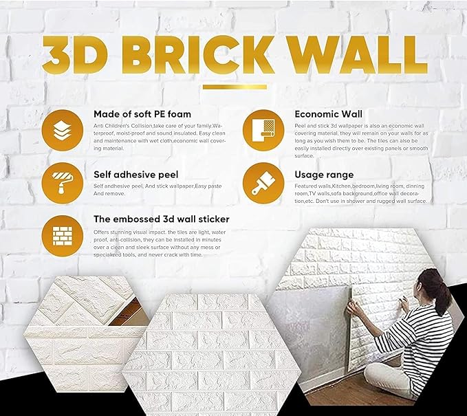 WHITE 3D Wall-BRICK WALLPAPERS for Wall PE Foam Wall Stickers Self Adhesive DIY Wall Decor (70 x 77cm, Appx. 5.8Sq Feet)